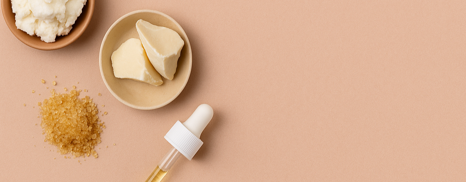 Natürliche Kosmetikinhaltsstoffe wie Sheabutter, Kakaobutter, Zucker und Öl mit Pipette – auf hellem beigen Hintergrund, links angeordnet