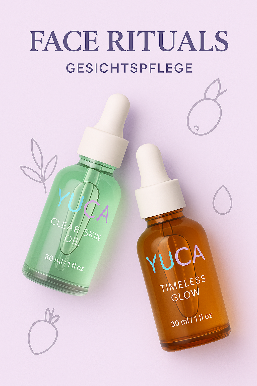 Zwei liegende YUCA Gesichtsöle aus der Face Rituals Kollektion auf beigem Stoffuntergrund – naturbelassene Szene mit emotionalem, handgemachtem Charakter.