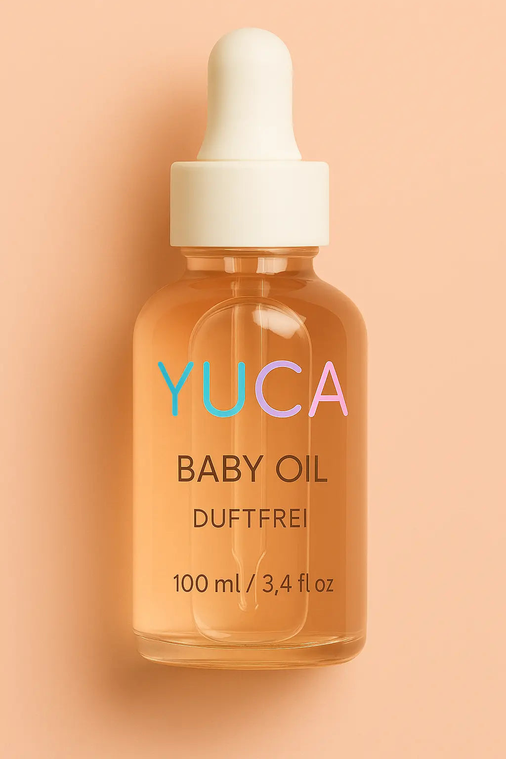 YUCA Baby Oil in einer transparenten Glasflasche mit weißer Pipette vor rosafarbenem Hintergrund – duftfreies Pflegeöl für Babys, 100 ml