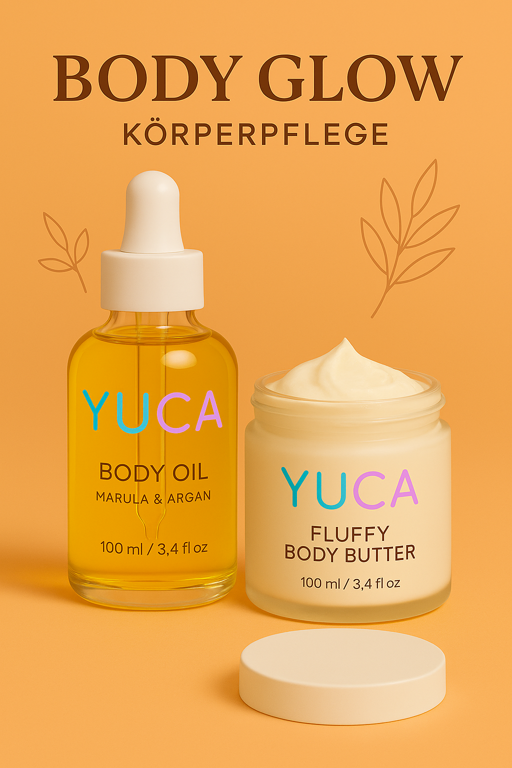 YUCA Body Glow Kollektion mit Body Oil Marula & Argan und offener Fluffy Body Butter vor pfirsichfarbenem Hintergrund – natürliche Körperpflege mit sichtbarer Textur


