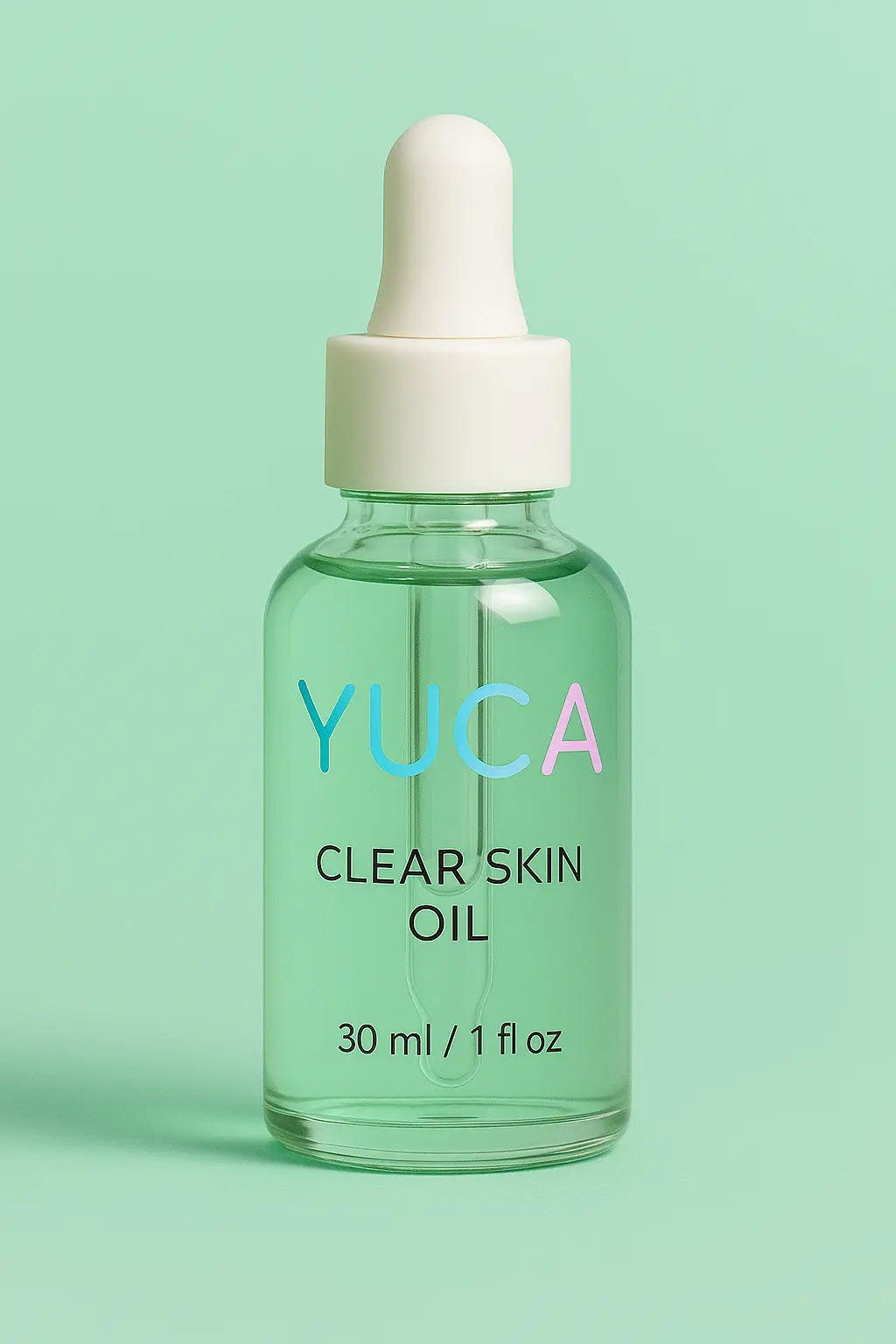 YUCA Clear Skin Oil in einer 30 ml Glasflasche mit mintgrünem Serum und weißer Pipette, zentriert vor pastellgrünem Hintergrund – Gesichtsöl für unreine Haut