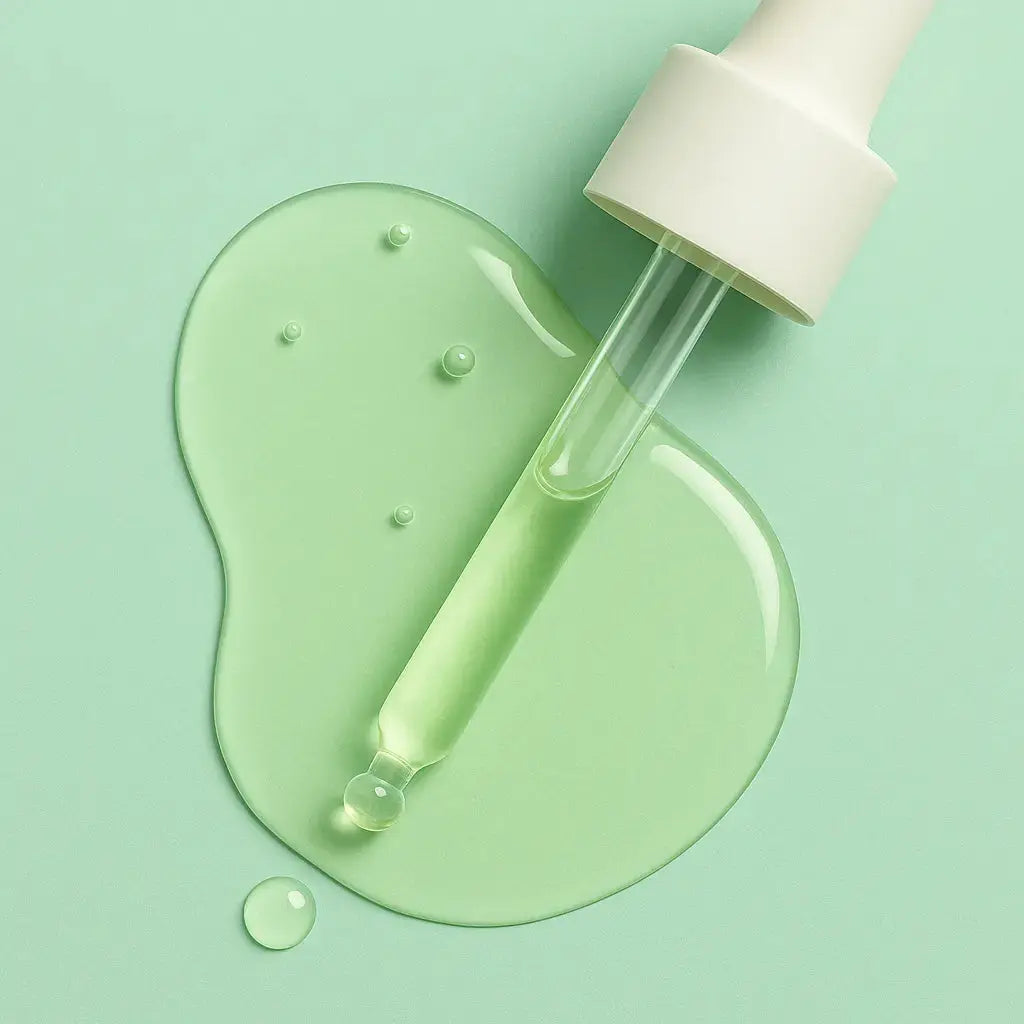 Weiße Pipette mit mintgrünem Tropfen des YUCA Clear Skin Oils auf pastellgrünem Hintergrund – Gesichtsöl für unreine Haut mit leichter Textur