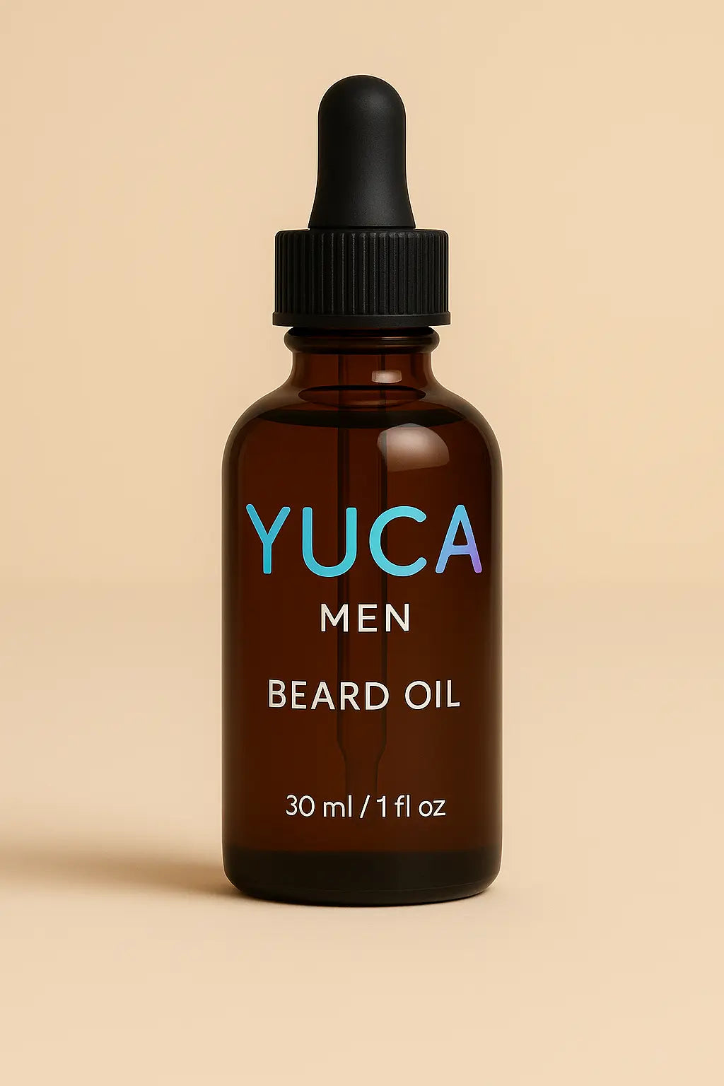 YUCA MEN Beard Oil in hochwertiger Braunglasflasche mit Farbverlauf-Logo und schwarzer Pipette – cleanes Design auf beigem Hintergrund

