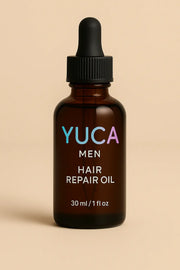 YUCA MEN Hair Repair Oil in brauner 30 ml Pipettenflasche vor beigem Hintergrund – minimalistisches Männerpflege-Design mit Farbverlauf-Logo