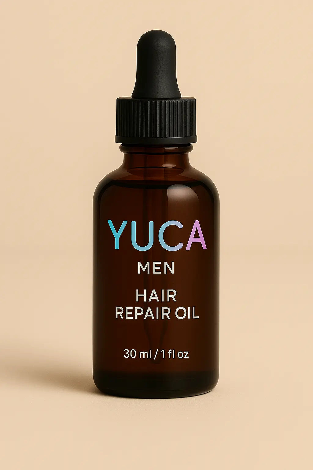 YUCA MEN Hair Repair Oil in brauner 30 ml Pipettenflasche vor beigem Hintergrund – minimalistisches Männerpflege-Design mit Farbverlauf-Logo