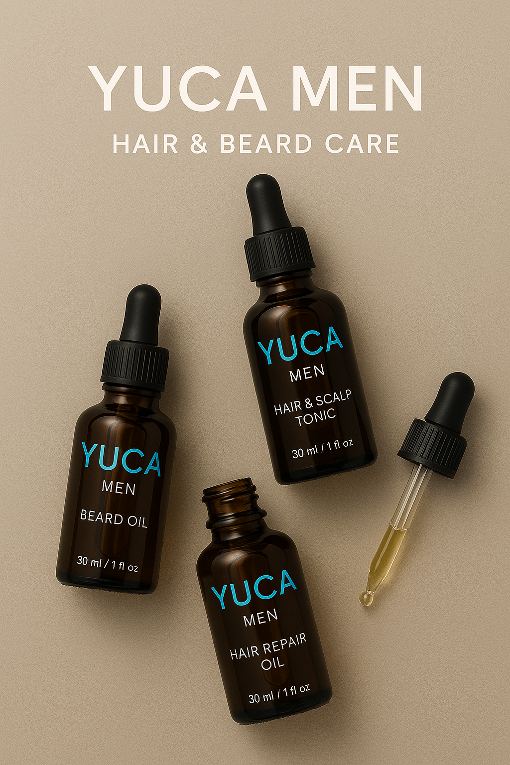Drei YUCA MEN Pflegeöle – Beard Oil, Hair Repair Oil und Hair & Scalp Tonic – liegend und parallel arrangiert auf beigefarbenem Hintergrund, fotografiert aus der Vogelperspektive

