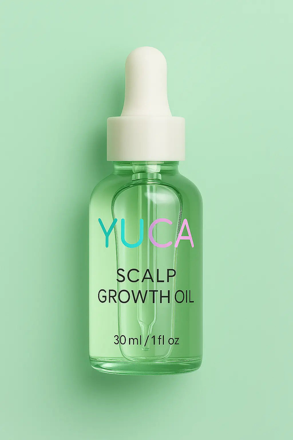 YUCA Scalp Growth Oil in einer 30 ml transparenten Glasflasche mit weißer Pipette, senkrecht liegend auf mintgrünem Hintergrund – leichtes Kopfhautöl zur Förderung des Haarwachstums