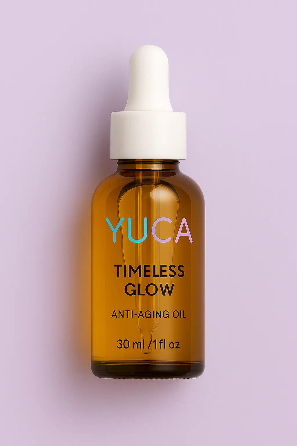 YUCA Timeless Glow Anti-Aging Oil in einer 30 ml Braunglasflasche mit weißer Pipette, liegend und senkrecht ausgerichtet auf fliederfarbenem Hintergrund – hochwertiges Gesichtsöl für reife Haut